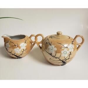 Vintage Made in Japan Peach Lusterware Creamer & Sugar Bowl Set Cherry Blossom